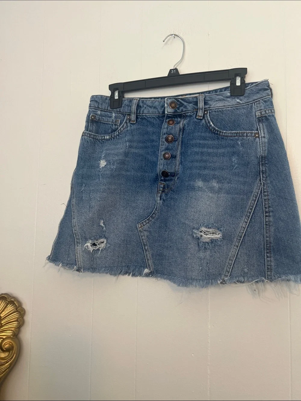We the Free Distressed Denim Mini button fly Skirt Size 30